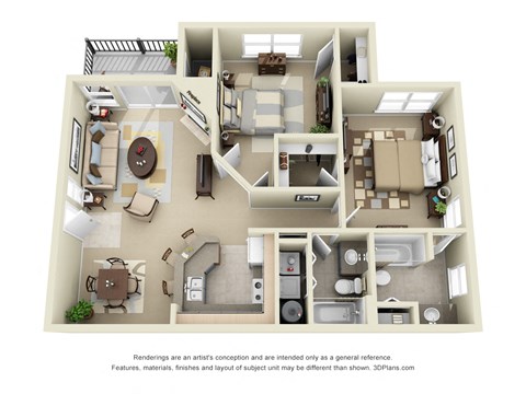 Floor plan for 2 beds, 2 baths, 1036 sqft